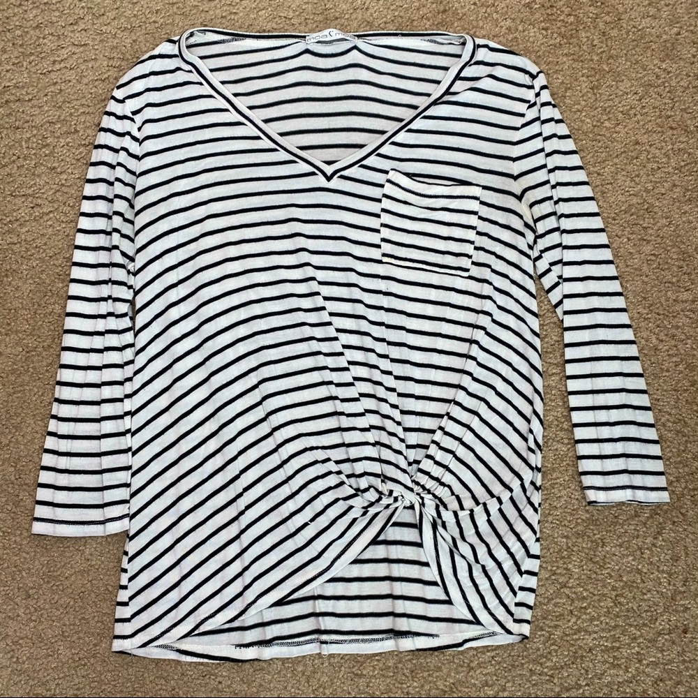 MOAMOA COZY STRIPE KNOT FRONT BLACK WHITE KNIT TOP XS